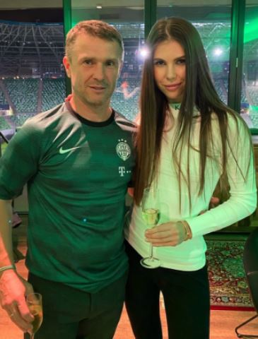 Anna Rebrova with her husband Serhiy Rebrov after Hungary made it to the group stage of the Champions League